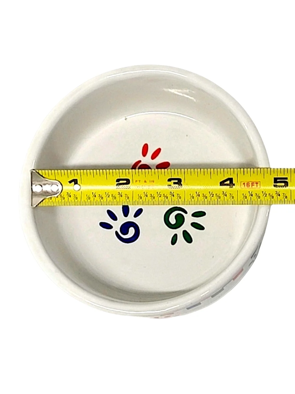 Spot Brand White Cat Bowl Ceramic with Multicolor Paw & Checker Accents